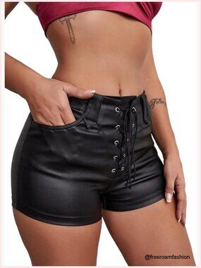 Y2K High Waisted Faux Leather Drawstring Lace Up Festival Rave Shorts